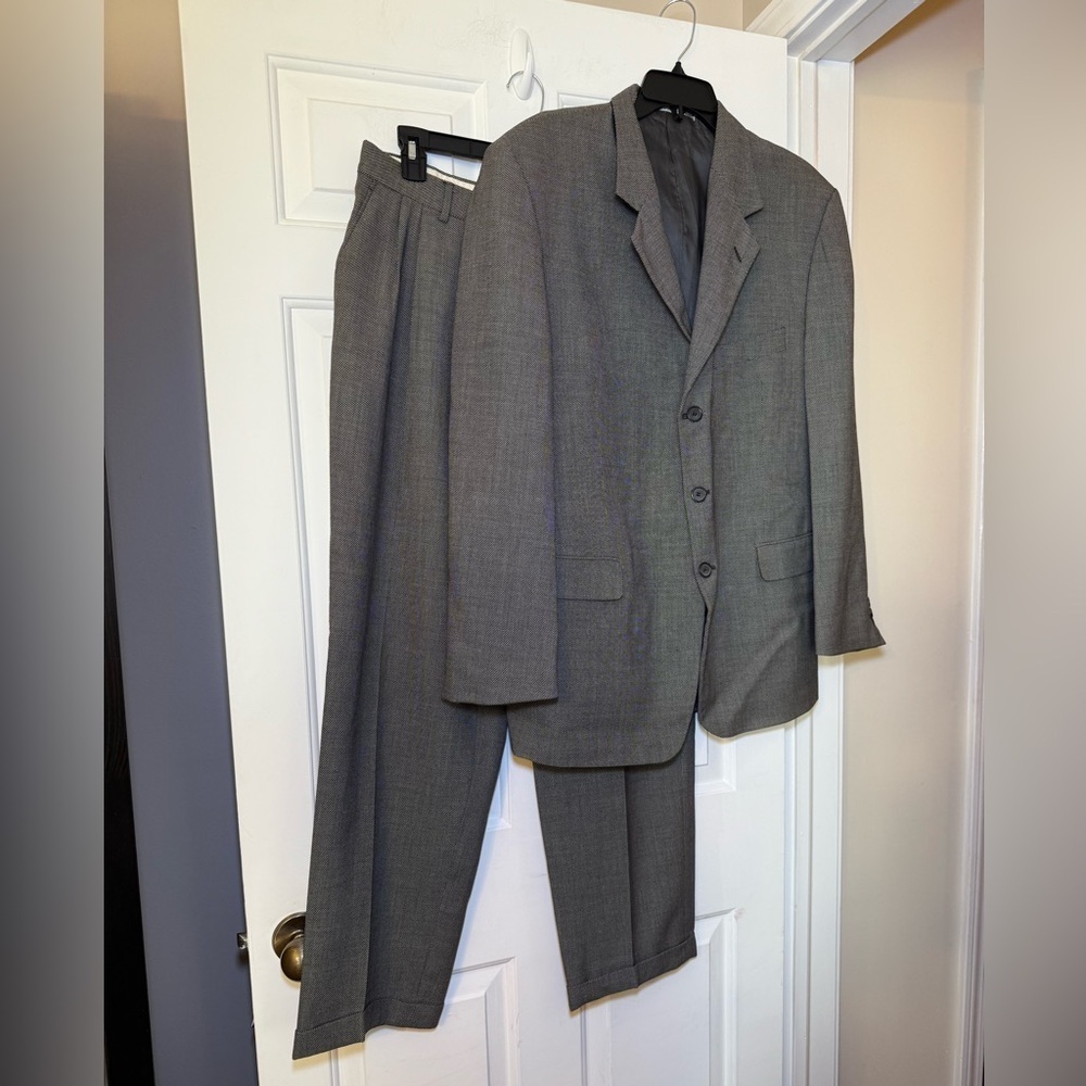 Uomo Ungaro Paris 100% Wool Mens Suit Jacket & Pants Sz 42R Microdot Black & Tan